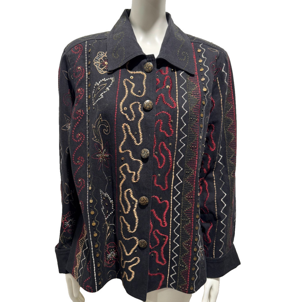 Norm Thompson Black Embroidered Button Down Jacket Sz L Embellished Pockets